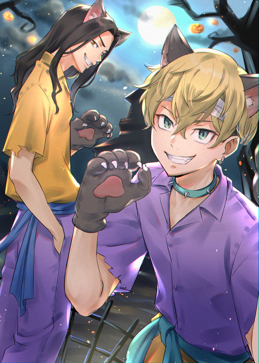 2boys animal_ears animal_hands baji_keisuke bandaged_head bandages belt black_hair blonde_hair blue_belt blue_collar brown_eyes cat_boy cat_ears collar collared_shirt cowboy_shot cst earrings full_moon green_eyes grin hand_in_pocket highres jewelry long_hair looking_at_viewer male_focus matsuno_chifuyu moon multiple_boys night outdoors pants purple_pants purple_shirt shirt short_hair short_sleeves single_earring smile standing teeth tokyo_revengers yellow_pants yellow_shirt