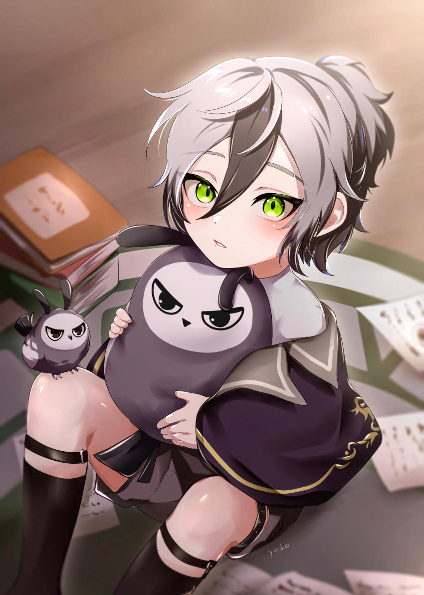 1boy absurdres aged_down alternate_costume bird bird_on_lap book book_stack brown_hair character_doll doll_hug father_(nu_carnival) gem green_eyes grey_hair highres indoors long_hair long_sleeves looking_at_viewer male_focus mole mole_under_mouth multicolored_hair nu_carnival object_hug owl paper parted_lips rei_(nu_carnival) short_hair sitting streaked_hair stuffed_owl yadome810