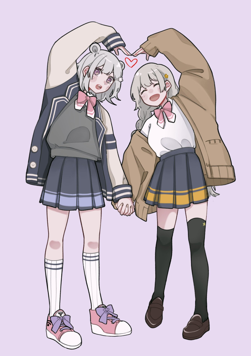 2girls alpaca_opo alternate_costume black_skirt black_thighhighs bow bowtie braid brown_cardigan cardigan cevio closed_eyes collared_shirt commentary_request double_bun facing_viewer footwear_bow full_body grey_cardigan grey_hair hair_bun heart_arms_duo highres holding_hands interlocked_fingers jacket kizuna_akari kneehighs koharu_rikka letterman_jacket loafers long_hair looking_at_viewer multiple_girls open_cardigan open_clothes open_jacket open_mouth pink_bow pink_bowtie pleated_skirt purple_background purple_bow school_uniform shirt shirt_tucked_in shoes simple_background skirt smile sneakers socks standing synthesizer_v thigh-highs twin_braids violet_eyes voiceroid white_shirt white_socks yuri