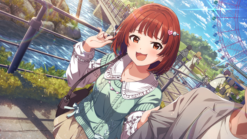 alternate_hairstyle amusement_park brown_skirt clouds cloudy_sky ferris_wheel green_sweater_vest hair_ornament happy heart heart_hair_ornament idolmaster idolmaster_million_live! idolmaster_million_live!_theater_days long_sleeves nonohara_akane official_alternate_hairstyle open_smile red_eyes redhead river shirt short_hair skirt sky sweater_vest white_shirt