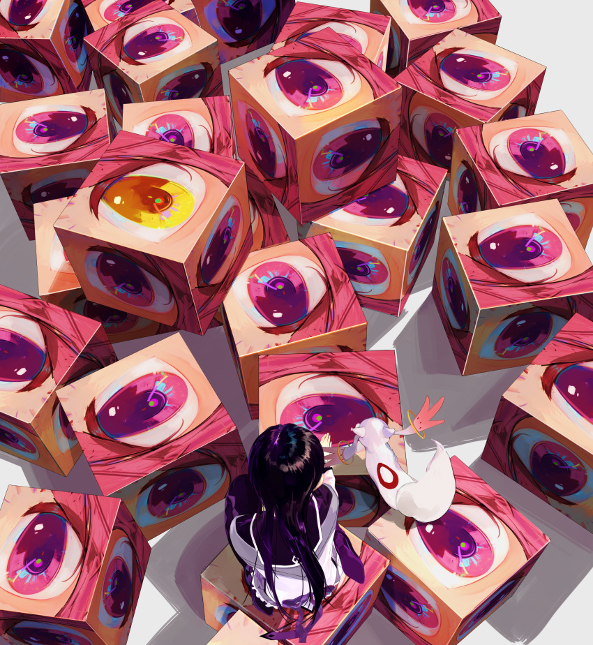 1girl abstract absurdres akemi_homura black_hair boots cape colored_shoe_soles commentary_request cube eye_focus from_above full_body high_heel_boots high_heels highres jacket kaname_madoka kneeling kyubey long_hair magical_girl mahou_shoujo_madoka_magica mihifu pink_eyes purple_cape seiza sitting white_background white_jacket yellow_eyes