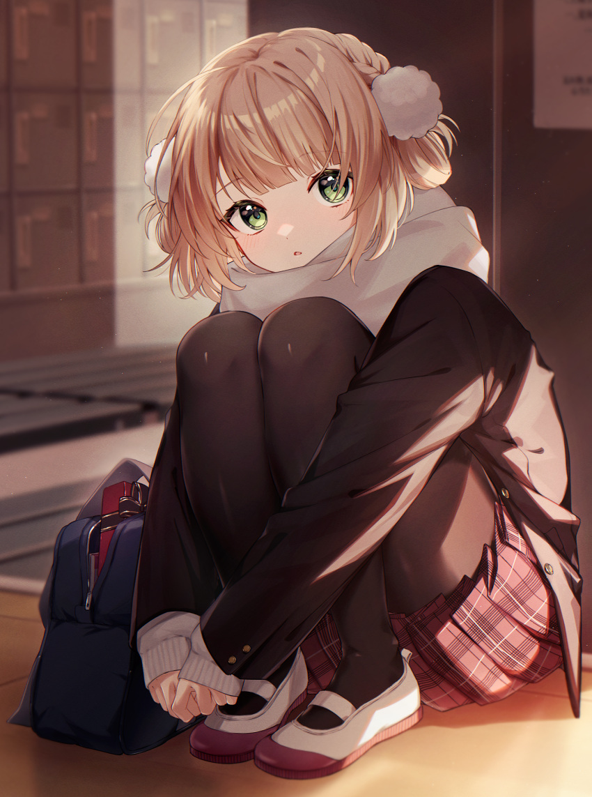 1girl bag black_jacket black_pantyhose blonde_hair blunt_bangs blush commentary_request full_body green_eyes hair_ornament hair_rings highres hugging_own_legs indie_virtual_youtuber indoors interlocked_fingers jacket long_sleeves looking_at_viewer mochimiya_(coyo) own_hands_clasped own_hands_together pantyhose parted_lips plaid plaid_skirt pleated_skirt pom_pom_(clothes) pom_pom_hair_ornament red_skirt scarf school school_bag school_uniform shigure_ui_(vtuber) short_hair skirt solo squatting valentine virtual_youtuber white_scarf
