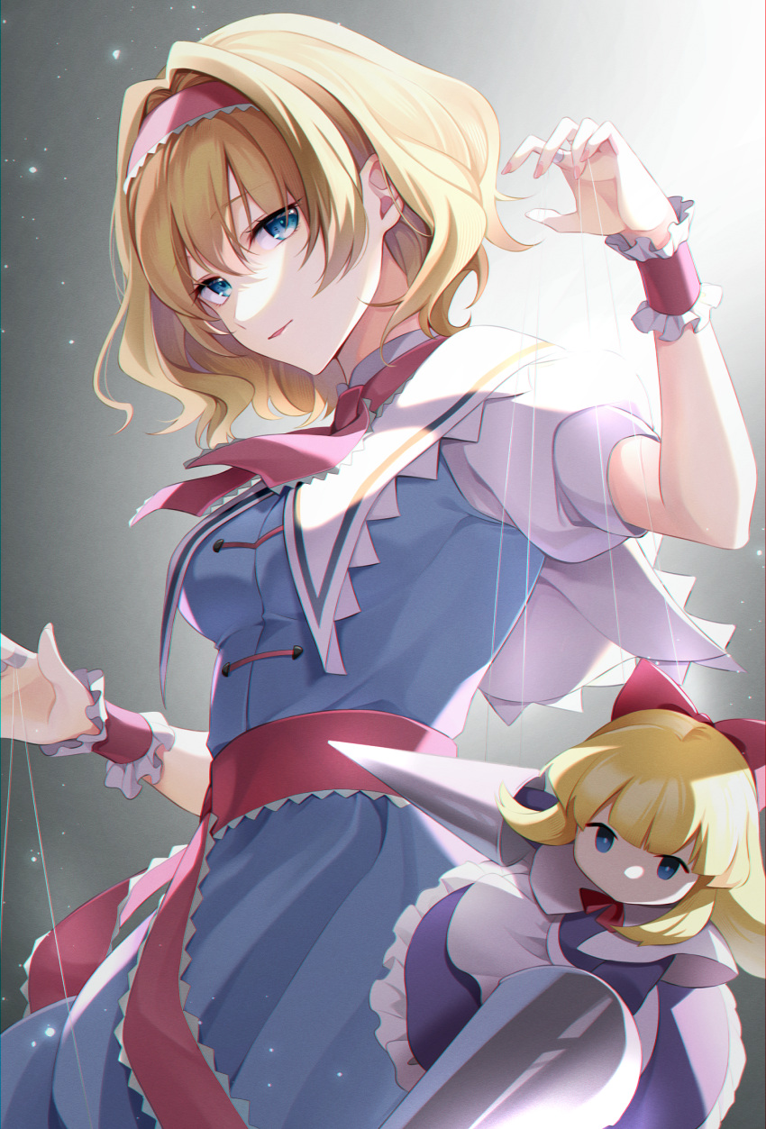 1girl alice_margatroid blonde_hair blue_dress blue_eyes capelet dress fingernails hair_between_eyes hairband highres jewelry lance lolita_hairband open_mouth polearm puppet_rings puppet_strings red_hairband ring shanghai_doll short_hair short_sleeves solo torimarururu touhou weapon white_capelet wrist_cuffs
