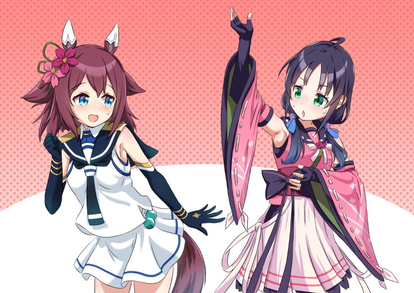 2girls ahoge animal_ears black_hair black_neckerchief blue_eyes blue_hair breasts brown_hair cherry_blossoms cosplay costume_switch crossover detached_sleeves elbow_gloves fingerless_gloves flipped_hair flower gloves gradient_hair green_eyes hair_between_eyes hair_flaps hair_flower hair_ornament hair_ribbon hip_vent horse_ears horse_girl horse_tail japanese_clothes kantai_collection long_hair low_twintails medium_hair miniskirt multicolored_hair multiple_girls neckerchief open_mouth pink_sleeves ribbon sakura_chiyono_o_(umamusume) sakura_chiyono_o_(umamusume)_(cosplay) school_uniform serafuku shirt skirt sleeveless sleeveless_shirt small_breasts suzukaze_(kancolle) suzukaze_(kancolle)_(cosplay) tail twintails umamusume white_serafuku white_shirt white_skirt wide_sleeves yokoshima_(euphoria)