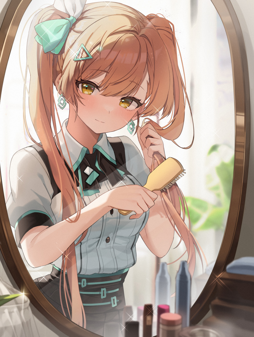 1girl absurdres black_skirt blush bow breasts brown_hair brushing_hair buttons closed_mouth collared_shirt commentary earrings english_commentary goyain green_bow hair_bow hair_brush hands_up highres holding holding_hair holding_hair_brush irodori_mora jewelry light_smile long_hair looking_at_mirror looking_at_viewer medium_breasts mirror puffy_short_sleeves puffy_sleeves reflection shirt short_sleeves skirt solo sparkle triangle_hair_ornament twintails two-tone_bow upper_body virtual_youtuber white_bow white_shirt wondershare_filmora yellow_eyes