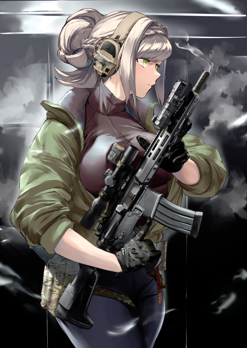1girl ar-15 black_gloves black_shirt blue_pants braid breasts closed_mouth commentary cowboy_shot ear_protection gloves green_eyes green_jacket grey_hair gun headphones highres holding holding_gun holding_weapon jacket large_breasts medium_hair open_clothes open_jacket optical_sight original pants rifle shirt sidelocks simple_background sleeves_past_elbows sleeves_rolled_up smoke smoking_gun solo thick_thighs thighs trigger_discipline turtleneck utsucan weapon