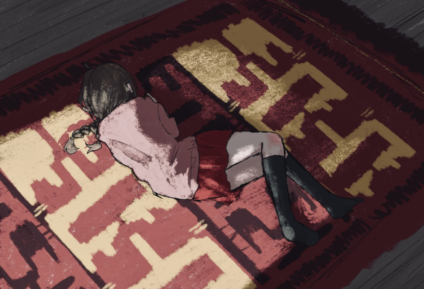 ahoge braid brown_hair carpet denkai_461 facing_away floor from_above highres knee_blush kneehighs light lying madotsuki no_shoes on_floor pink_sweater pleated_skirt red_carpet red_skirt skirt socks sweater twin_braids twintails wooden_floor yume_nikki