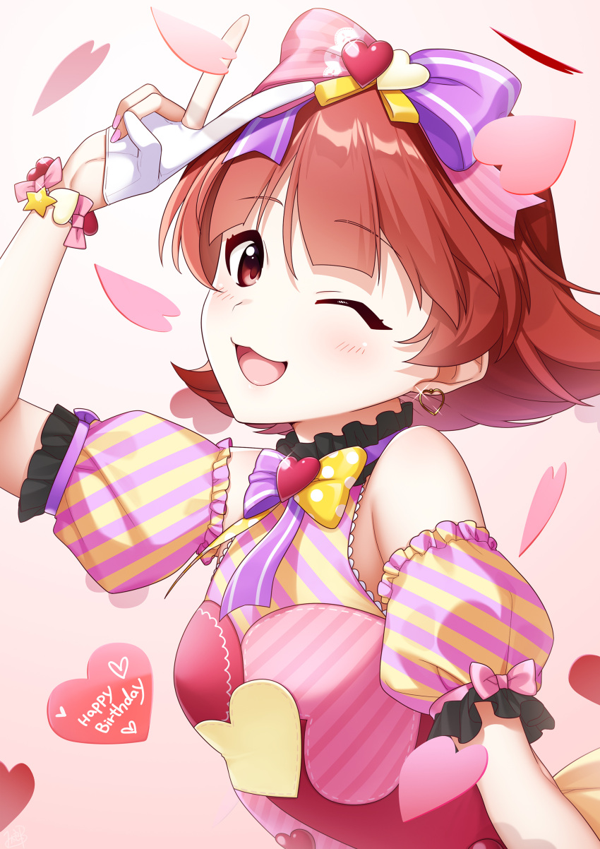 1girl :3 ;d absurdres arm_up bare_shoulders blush bow bowtie bracelet brown_eyes brown_hair detached_sleeves dress earrings falling frilled_sleeves frills from_side gloves hair_ornament half_gloves happy_birthday heart heart_earrings heart_hair_ornament highres idolmaster idolmaster_million_live! idolmaster_million_live!_theater_days jewelry looking_at_viewer mikapoe multicolored_bowtie multicolored_ribbon multicolored_sleeves nonohara_akane one_eye_closed open_mouth partially_fingerless_gloves pink_nails pink_ribbon polka_dot_bowtie ribbon short_hair sleeveless sleeveless_dress smile solo striped striped_bow striped_bowtie striped_dress striped_sleeves v white_gloves