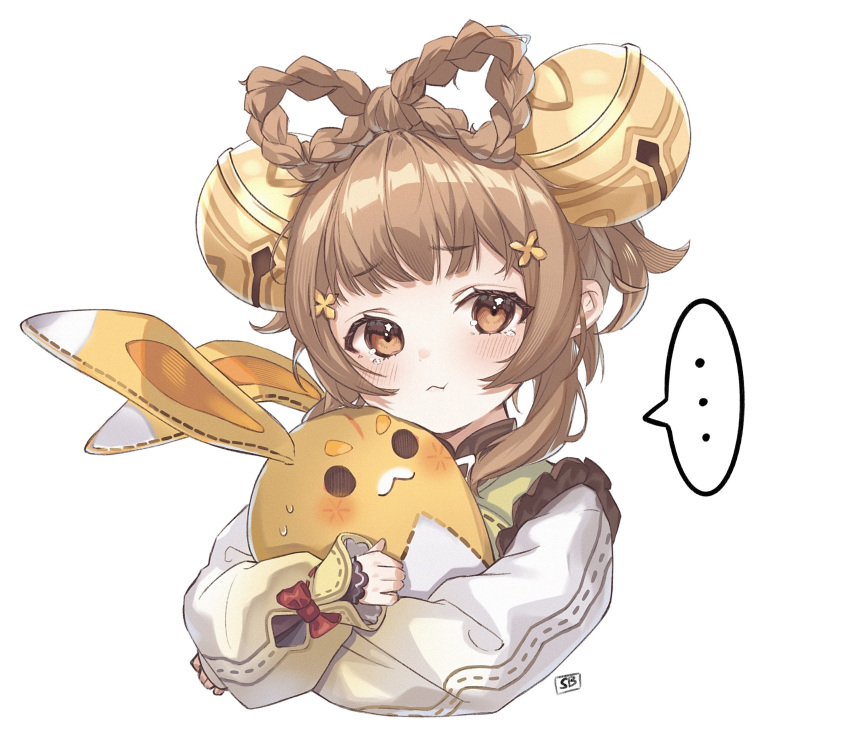 ... 1girl absurdres bell blunt_bangs bow-shaped_hair braid brown_eyes brown_hair dress genshin_impact hair_bell hair_ornament highres holding long_sleeves looking_at_viewer short_hair sidelocks soybean_(hisoybean) stuffed_animal stuffed_rabbit stuffed_toy tears yaoyao_(genshin_impact) yuegui_(genshin_impact)