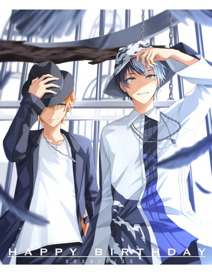 2boys aoyagi_touya black_feathers black_jacket blue_hair buttons chain closed_mouth collared_shirt commentary cowboy_shot dark_blue_hair dated feathers fedora fingernails green_eyes happy_birthday hat highres holding holding_clothes holding_hat jacket jewelry lapels long_sleeves looking_afar looking_at_another male_focus mole mole_under_eye multicolored_hair multiple_boys mzkmtzt necklace official_alternate_costume open_clothes open_jacket orange_hair project_sekai shinonome_akito shirt short_hair smile split-color_hair teeth two-tone_hair utsuro_wo_aogu_(vocaloid) walk_on_and_on_(project_sekai) white_shirt