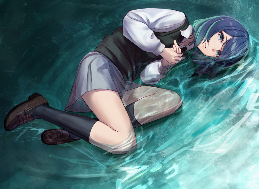 1girl aqua_eyes aqua_hair black_socks black_sweater blue_eyes blue_hair brown_footwear collared_shirt commentary crying crying_with_eyes_open english_commentary full_body gradient_eyes gradient_hair grey_skirt highres huuukky kneehighs kurokawa_akane long_sleeves looking_at_viewer lying medium_hair multicolored_eyes multicolored_hair on_side oshi_no_ko own_hands_together parted_lips partially_submerged school_uniform shirt skirt socks solo sweater tears water white_shirt