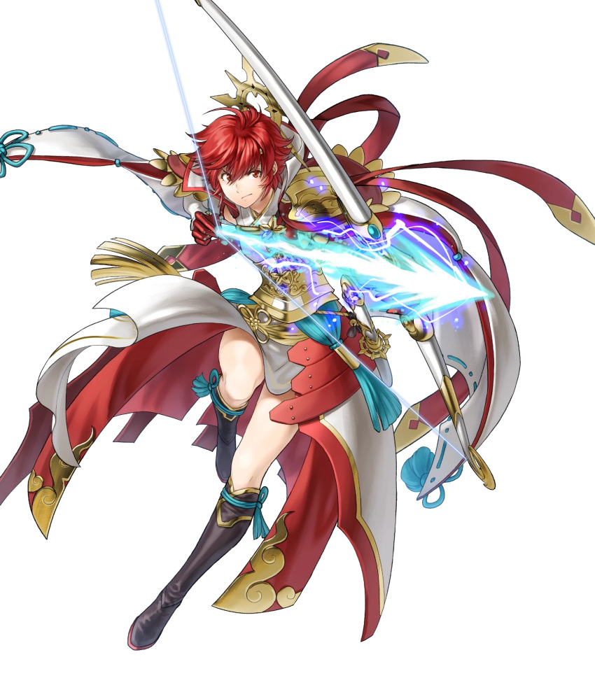 1girl arm_guards armor arrow_(projectile) boots bow_(weapon) cape circlet closed_mouth energy_arrow fire_emblem fire_emblem_fates fire_emblem_heroes fujin_yumi_(fire_emblem) full_body gloves gold_trim highres hinoka_(fire_emblem) japanese_clothes jewelry katana kita_senri knee_boots leg_up long_sleeves non-web_source official_art pelvic_curtain raijinto_(fire_emblem) red_eyes redhead sheath sheathed short_hair solo sword thighs transparent_background weapon