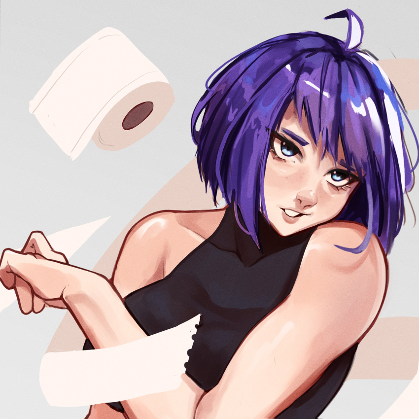 1girl absurdres black_shirt blue_eyes breasts emika_(leomk) freckles grey_background highres horns leomk lips medium_breasts non-web_source original purple_hair shirt simple_background single_horn teeth toilet_paper white_background