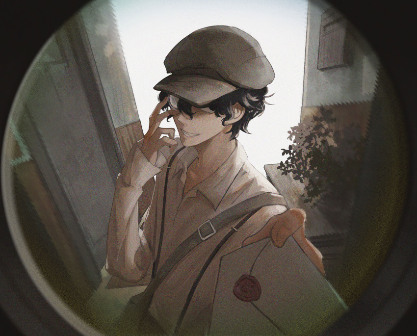 adjusting_eyewear aki4421 amon_(lord_of_the_mysteries) bag black_eyes black_hair brown_headwear chinese_commentary commentary_request entrance fingernails flower highres holding holding_letter indoors letter lord_of_the_mysteries monocle parted_lips shaded_face shirt short_hair smile solo suspenders teeth vase white_shirt