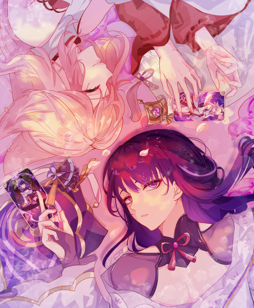 2girls absurdres animal_ears arm_support artist_name bare_shoulders bow bowtie braid breasts card closed_eyes closed_mouth detached_sleeves earrings eyeshadow fan_hair_ornament fingerless_gloves fingernails flower fox_ears fox_shadow_puppet gem genshin_impact gloves gnosis_(genshin_impact) gold_trim hair_between_eyes hair_flower hair_ornament hand_fan hands_up highres holding holding_card japanese_clothes jewelry kimono long_fingernails long_hair long_sleeves lying makeup medium_breasts mitsudomoe_(shape) multiple_girls nail_polish nontraditional_miko off_shoulder on_back open_mouth petals pink_bow pink_bowtie pink_hair pink_nails purple_flower purple_gemstone purple_gloves purple_hair purple_kimono raiden_shogun red_eyeshadow red_sash red_skirt sash shadow shirt skirt smile tassel tassel_hair_ornament teeth tomoe_(symbol) upper_body violet_eyes vision_(genshin_impact) white_shirt wide_sleeves wy_adlige yae_miko