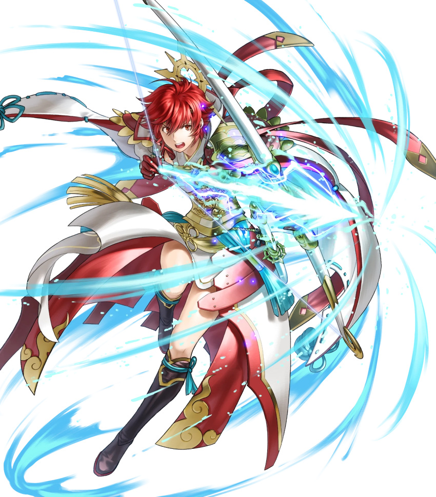 1girl arm_guards armor arrow_(projectile) boots bow_(weapon) cape circlet energy_arrow fire_emblem fire_emblem_fates fire_emblem_heroes fujin_yumi_(fire_emblem) full_body gloves gold_trim highres hinoka_(fire_emblem) japanese_clothes jewelry katana kita_senri knee_boots leg_up long_sleeves non-web_source official_art open_mouth pelvic_curtain raijinto_(fire_emblem) red_eyes redhead sheath sheathed short_hair solo sword thighs transparent_background weapon