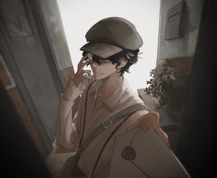 adjusting_eyewear aki4421 amon_(lord_of_the_mysteries) bag black_eyes black_hair brown_headwear chinese_commentary commentary_request dark door doormat entrance fingernails flower highres holding holding_letter letter lord_of_the_mysteries monocle outdoors parted_lips shaded_face shirt short_hair smile solo suspenders teeth vase white_shirt