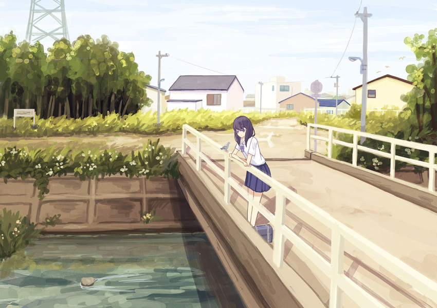1girl bag bird black_eyes black_hair black_skirt canal clouds cloudy_sky collared_shirt commentary_request day enokitake grass house leaning original outdoors pleated_skirt power_lines railing river road scenery school_bag school_uniform shirt short_sleeves sign skirt sky solo transmission_tower uniform utility_pole vanishing_point white_shirt window