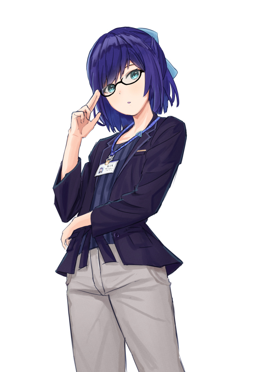 1girl a-chan_(hololive) absurdres black-framed_eyewear black_jacket blazer blue_bow blue_eyes blue_hair blue_shirt bow commentary cowboy_shot deenamaito flat_chest grey_pants hair_bow highres hololive id_card jacket lanyard long_sleeves looking_at_viewer pants parted_lips semi-rimless_eyewear shirt short_hair simple_background solo standing striped striped_shirt vertical-striped_shirt vertical_stripes virtual_youtuber white_background