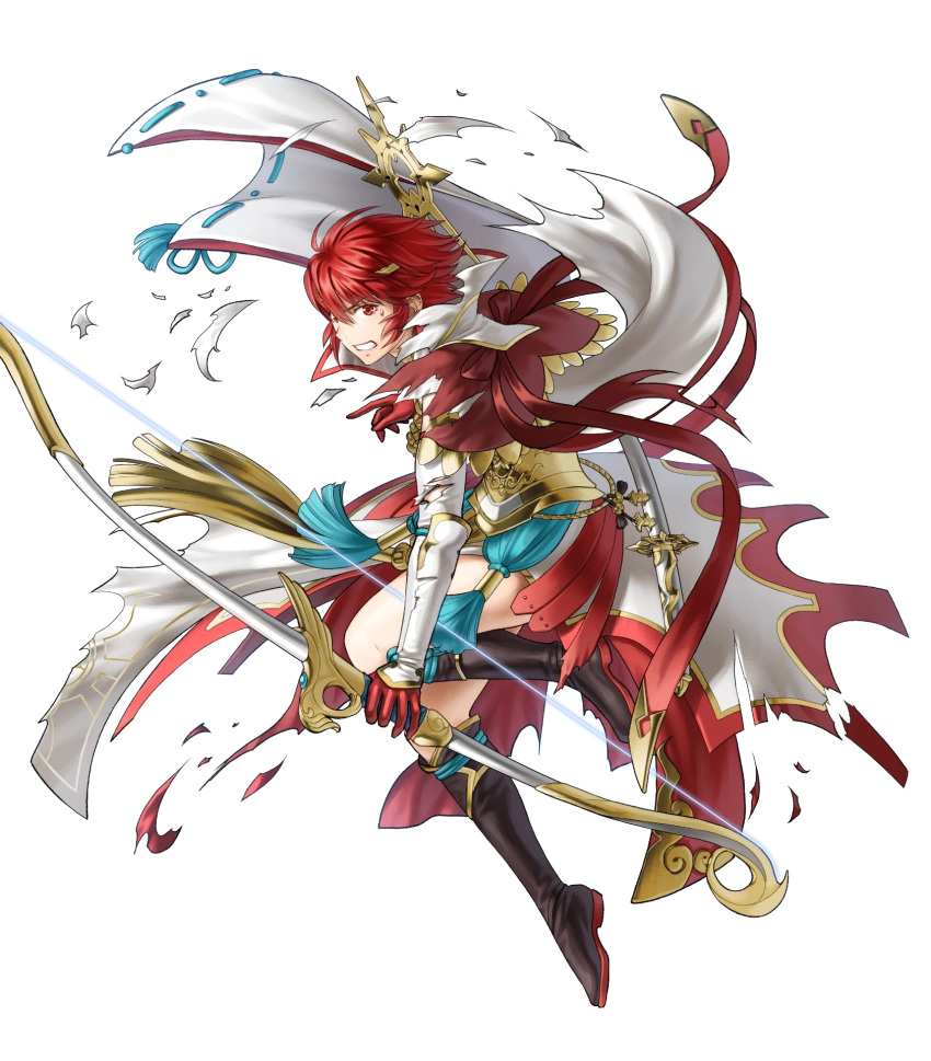 1girl arm_guards armor boots bow_(weapon) cape circlet fire_emblem fire_emblem_fates fire_emblem_heroes fujin_yumi_(fire_emblem) full_body gloves gold_trim highres hinoka_(fire_emblem) japanese_clothes jewelry katana kita_senri knee_boots long_sleeves non-web_source official_art parted_lips pelvic_curtain raijinto_(fire_emblem) red_eyes redhead sheath sheathed short_hair solo sword torn_cape torn_clothes torn_sleeves transparent_background weapon