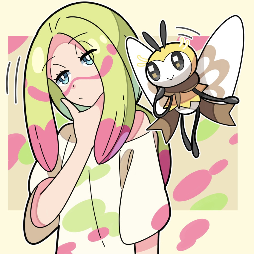 1girl blonde_hair bright_pupils closed_mouth commentary_request green_eyes half-closed_eyes hand_on_own_chin hand_up head_tilt highres long_hair mina_(pokemon) multicolored_hair off_shoulder pink_hair pokemon pokemon_(creature) pokemon_(game) pokemon_sm ribombee shirt sidelocks stroking_own_chin sutokame white_pupils