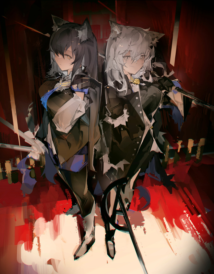 2girls absurdres animal_ear_fluff animal_ears arknights back-to-back black_coat black_hair black_jacket black_vest blue_gloves blue_necktie coat commentary expressionless from_above gloves grey_eyes hair_ornament hairclip highres holding holding_sword holding_weapon jacket jumbowhopper korean_commentary lappland_(arknights) long_hair long_sleeves looking_at_viewer multiple_girls necktie painterly red_background scar scar_across_eye scar_on_face shirt smug standing sword texas_(arknights) texas_the_omertosa_(arknights) vest weapon white_shirt wolf_ears wolf_girl