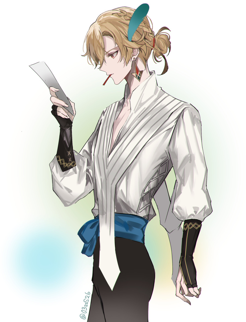 03sss26 1boy absurdres alternate_hairstyle belt black_pants blonde_hair blue_belt braid braided_bun bridal_gauntlets brown_hair earrings facing_to_the_side feather_hair_ornament feathers genshin_impact hair_bun hair_ornament highres jewelry kaveh_(genshin_impact) looking_at_object looking_down male_focus multicolored_hair pants paper red_eyes shirt solo twitter_username white_shirt