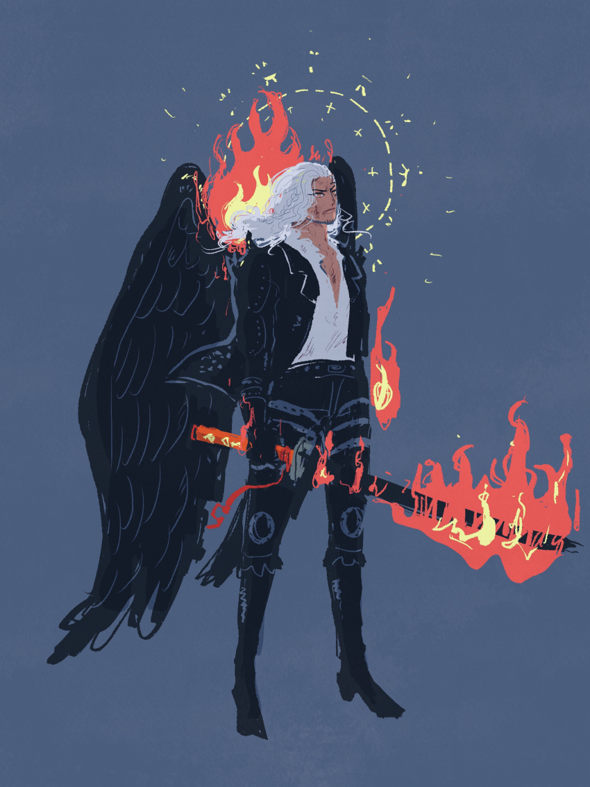 absurdres akawtbk black_wings facial_tattoo fire flaming_weapon gimp_suit highres king_(one_piece) leather leather_suit male_focus one_piece shoulder_spikes spikes tattoo white_hair wings