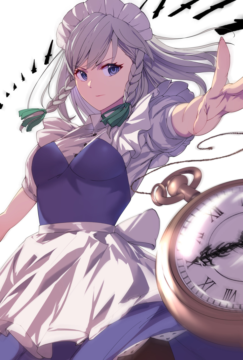 1girl arm_up backlighting bloom blue_dress blue_eyes chienon commentary_request danmaku dress floating_hair foreshortening grey_hair highres izayoi_sakuya knife long_hair looking_at_viewer outstretched_arm perspective pocket_watch serious simple_background solo throwing_knife touhou watch weapon white_background