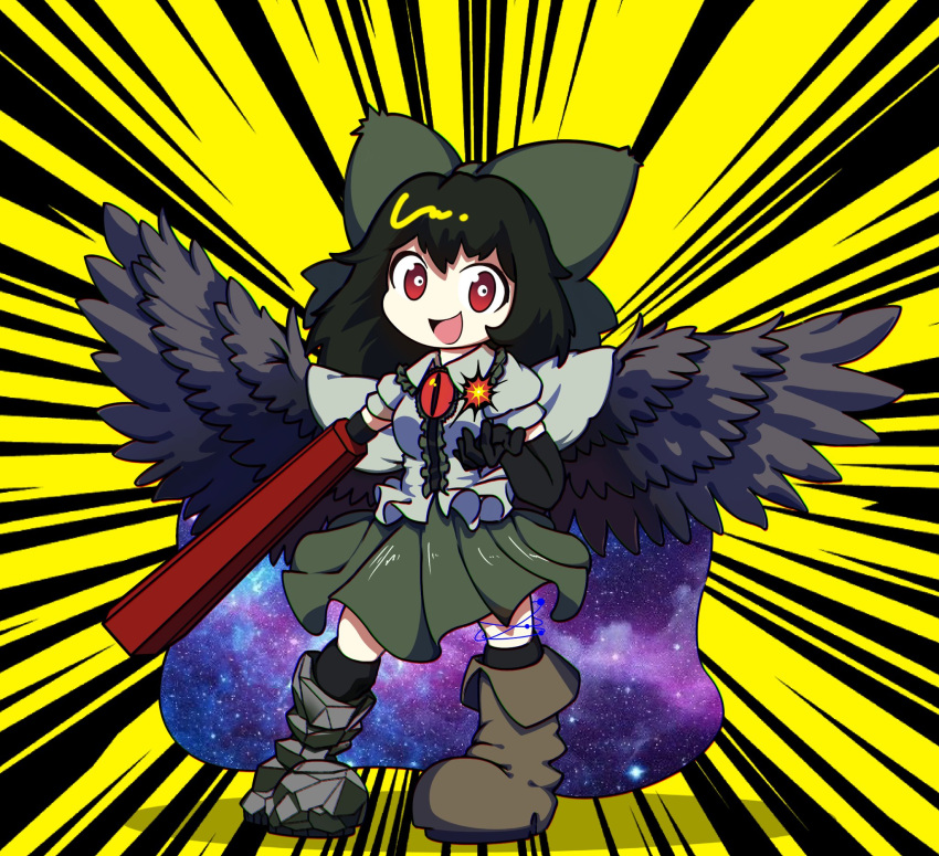 1girl arm_cannon atom bird_wings black_background black_gloves black_hair black_socks black_wings boots bow breasts bright_pupils brown_footwear cape center_frills collared_shirt commentary_request control_rod elbow_gloves feathered_wings frilled_shirt_collar frills full_body gloves green_bow green_skirt hair_bow highres kneehighs long_hair looking_at_viewer medium_bangs medium_breasts open_mouth print_cape red_eyes reiuji_utsuho rn_(sbr2933090) shirt shoes short_sleeves single_shoe skirt smile socks solo standing starry_sky_print third_eye touhou two-tone_background weapon white_cape white_pupils white_shirt wings yellow_background