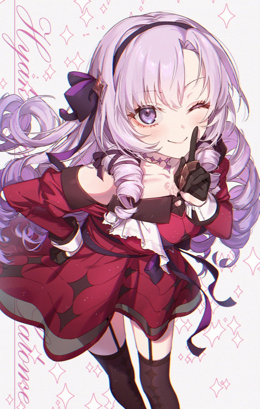 1girl absurdres black_gloves black_thighhighs closed_mouth clothing_cutout drill_hair garter_straps gloves hairband hand_on_own_hip highres hyakumantenbara_salome io_(sinking=carousel) leaning_forward long_hair looking_at_viewer nijisanji one_eye_closed purple_hair shoulder_cutout smile solo standing thigh-highs violet_eyes virtual_youtuber