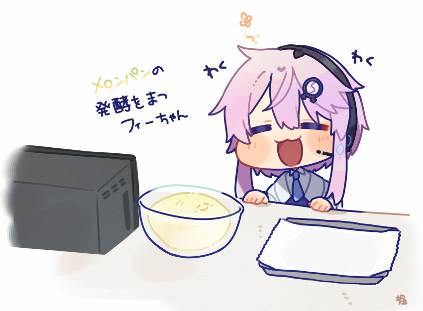1girl :3 =_= baking_sheet blue_necktie blush_stickers bowl cevio chibi collared_shirt dough fee_(cevio) flower_(symbol) hair_ornament headphones highres jacket microphone microwave necktie omochi_hori open_mouth pink_hair shirt short_hair_with_long_locks simple_background smile solo translation_request white_background white_jacket white_shirt