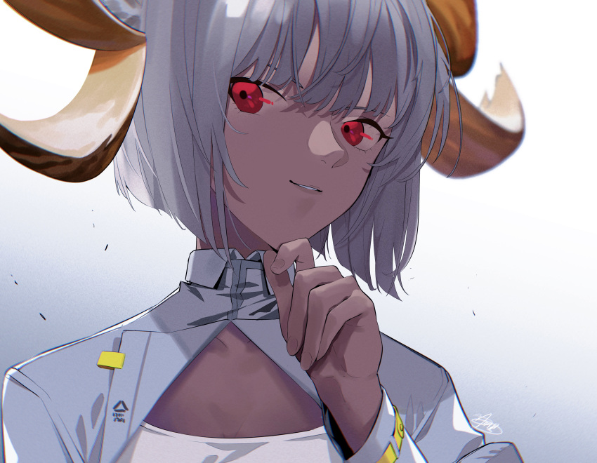 1girl absurdres arknights blurry bob_cut carnelian_(arknights) chromatic_aberration close-up collarbone collared_jacket commentary_request dark_skin depth_of_field goat_girl goat_horns gradient_background grey_background grey_hair grey_jacket hair_between_eyes hand_on_own_chin highres horns igawa_hikaru inverted_bob jacket parted_lips partial_commentary red_eyes short_hair signature simple_background smile tan upper_body white_background white_hair