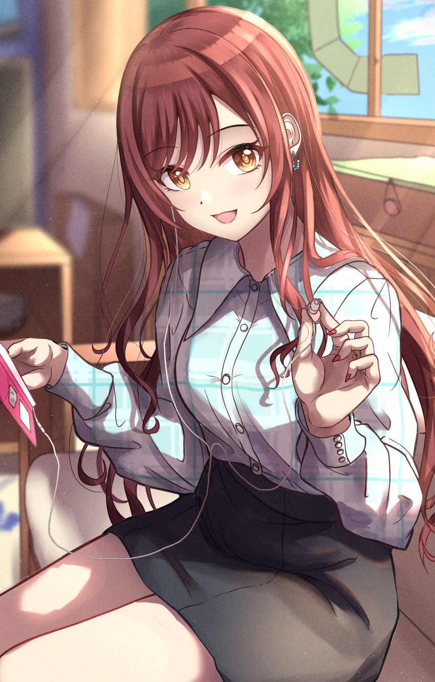 1girl absurdres black_skirt blue_shirt blue_sky blurry blurry_background blush breasts brown_hair cellphone chair chest_of_drawers citrusmikan clouds day earphones hands_up highres holding holding_earphones holding_phone idolmaster idolmaster_shiny_colors indoors long_hair long_sleeves looking_at_viewer medium_breasts office on_chair open_mouth osaki_amana phone pink_nails plaid plaid_shirt shirt sitting skirt sky smartphone smartphone_case smile solo sunlight swept_bangs tree window yellow_eyes