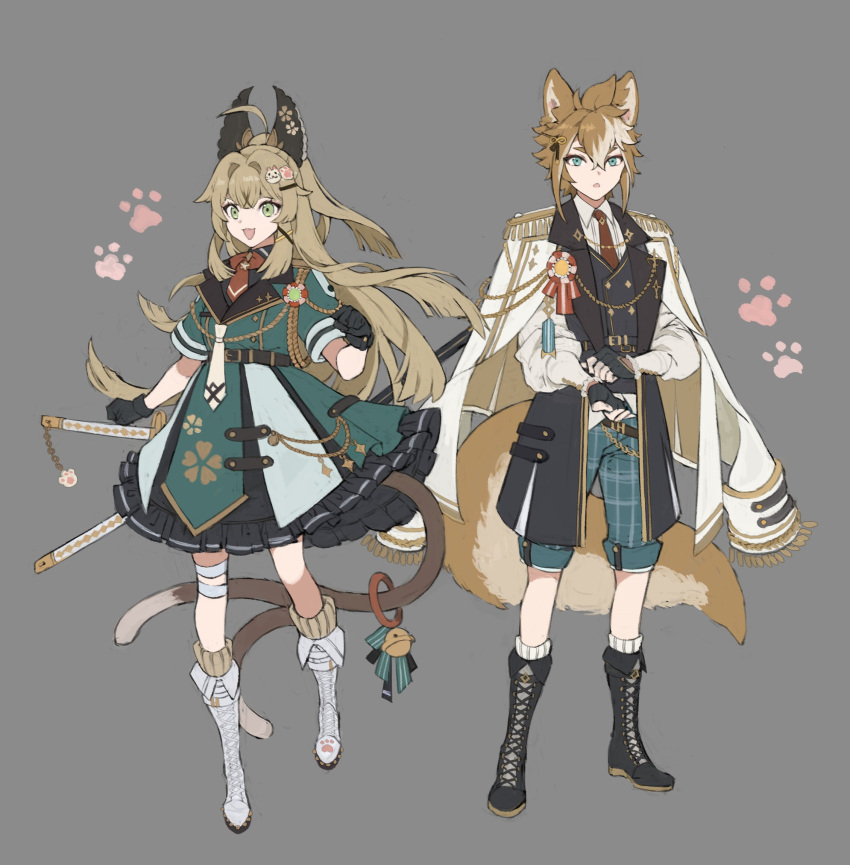 1boy 1girl ahoge animal_ears aqua_eyes badge belt black_belt black_footwear black_gloves boots bow brown_bow brown_hair cat_ears cat_girl cat_tail chain coat coat_on_shoulders dog_boy dog_ears dog_tail dress fingerless_gloves frilled_dress frills genshin_impact gloves gorou_(genshin_impact) green_dress grey_background hair_bow hair_intakes highres kirara_(genshin_impact) looking_at_viewer military_lolita multicolored_hair necktie nekomata papajay_(jennygin2) paw_pose paw_print red_necktie sidelocks simple_background streaked_hair tail tail_ornament tail_ring white_coat white_footwear white_necktie