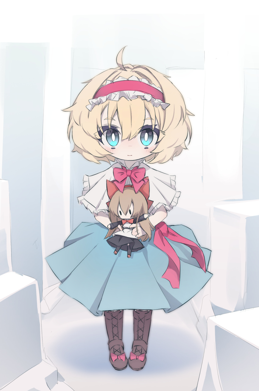 1girl alice_margatroid apron blonde_hair blue_dress blue_eyes blush boots chibi doll dress hair_ribbon hairband highres holding holding_doll looking_at_viewer mr.turtle_head one-hour_drawing_challenge red_hairband red_ribbon ribbon shanghai_doll short_hair touhou white_apron