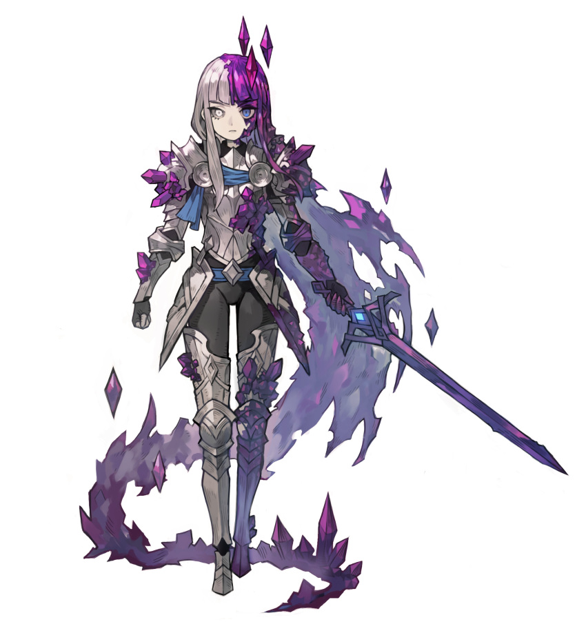 1girl absurdly_long_hair absurdres armor armored_boots black_bodysuit blue_eyes blunt_bangs bodysuit boots closed_mouth colored_sclera commentary crystal crystal_hair english_commentary fingerless_gloves full_body gem gloves grey_hair grey_sclera highres holding holding_sword holding_weapon long_hair looking_at_viewer mismatched_sclera multicolored_hair napal_(ve_xillum) original pauldrons purple_gemstone purple_hair shoulder_armor simple_background solo split-color_hair standing straight-on sword very_long_hair weapon white_background white_eyes