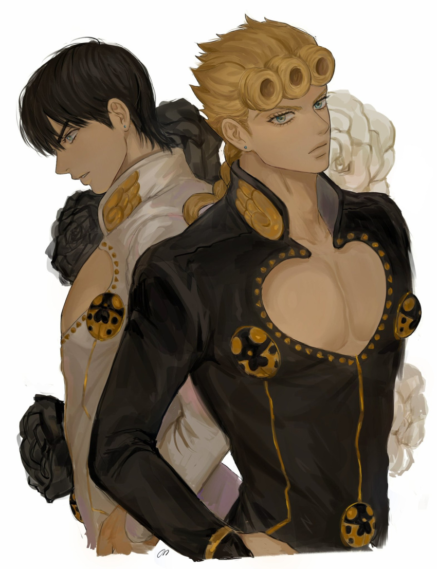 2boys black_flower black_hair black_jacket blonde_hair blue_eyes braid braided_ponytail cleavage_cutout clothing_cutout collarbone collared_jacket curly_hair ear_piercing flower giorno_giovanna highres jacket jojo_no_kimyou_na_bouken ladybug_ornament long_hair long_sleeves looking_at_viewer male_focus multiple_boys on0n pectorals piercing pompadour profile short_hair vento_aureo white_background white_flower white_jacket