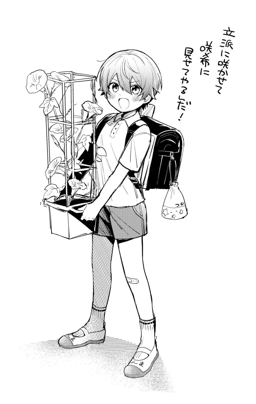 1boy aged_down backpack bag bandaid bandaid_on_knee bandaid_on_leg blush buttons character_name collared_shirt commentary_request double-parted_bangs flower full_body gradient_hair greyscale hair_between_eyes halftone hatching_(texture) highres holding holding_flower_pot holding_plant linear_hatching looking_at_viewer monochrome multicolored_hair open_mouth partial_commentary plant polo_shirt potted_plant pouch project_sekai randoseru shirt shoes short_hair short_sleeves shorts simple_background single_stripe socks solo standing star_(symbol) striped tenma_tsukasa tokiwa._(tkw8_rt) translated two-tone_footwear uwabaki