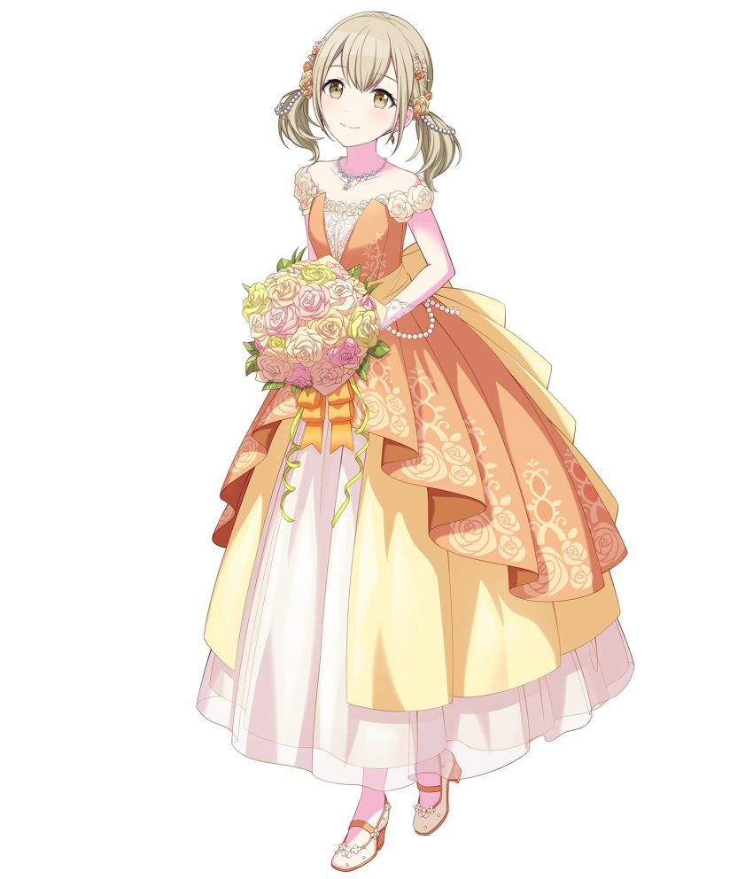 1girl aozora_ni_negau_your_happiness!_(project_sekai) azusawa_kohane blonde_hair bouquet brown_hair closed_mouth colorful_palette commentary dress flower full_body hair_ornament highres holding holding_bouquet jewelry looking_at_viewer necklace off_shoulder official_art orange_ribbon pink_flower project_sekai ribbon short_twintails sidelocks simple_background solo standing symbol-only_commentary twintails white_background yellow_flower yellow_ribbon