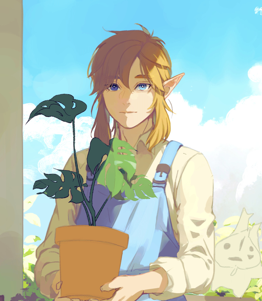 1boy apron blonde_hair blue_apron blue_eyes blue_sky closed_mouth clouds cloudy_sky collared_shirt day eorinamo hair_between_eyes highres holding holding_plant leaf link long_sleeves looking_to_the_side male_focus outdoors plant pointy_ears potted_plant puffy_long_sleeves puffy_sleeves shadow shirt short_hair sky smile solo the_legend_of_zelda white_shirt