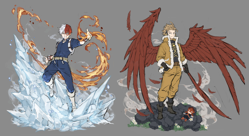 2boys absurdres belt black_gloves black_shirt blonde_hair blue_jumpsuit boku_no_hero_academia boots brown_footwear character_doll endeavor_(boku_no_hero_academia) falling_feathers feathered_wings fire full_body gloves grey_background hawks_(boku_no_hero_academia) heterochromia highres ice jacket jumpsuit multicolored_hair multiple_boys papajay_(jennygin2) red_wings redhead scar scar_on_face shirt simple_background smile split-color_hair todoroki_shouto white_footwear white_gloves white_hair wings yellow_jacket