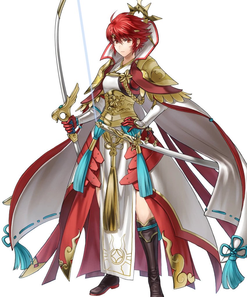 1girl arm_guards armor boots bow_(weapon) cape circlet closed_mouth fire_emblem fire_emblem_fates fire_emblem_heroes fujin_yumi_(fire_emblem) full_body gloves gold_trim hand_on_own_hip highres hinoka_(fire_emblem) japanese_clothes jewelry katana kita_senri knee_boots long_sleeves looking_at_viewer non-web_source official_art pelvic_curtain raijinto_(fire_emblem) red_eyes redhead serious sheath sheathed short_hair solo standing sword transparent_background weapon