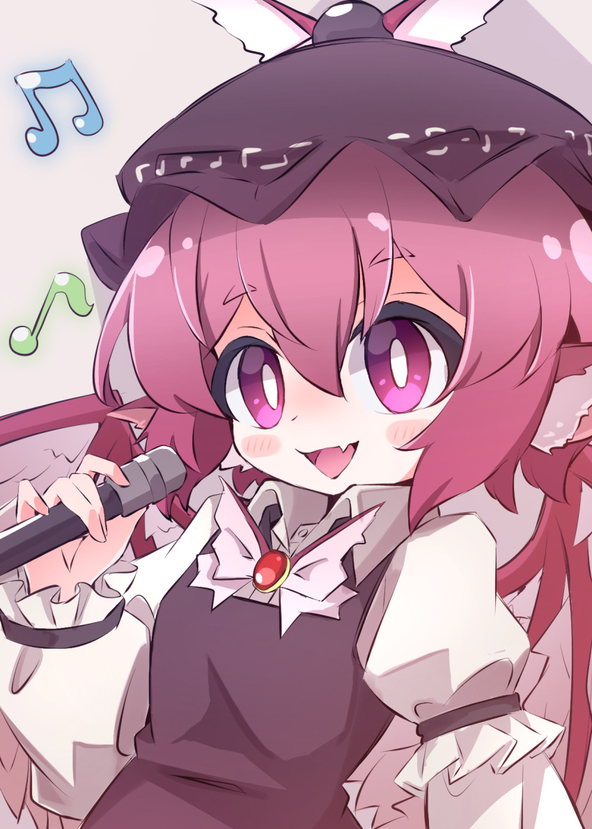 1girl animal_ears beamed_eighth_notes bird_ears bird_wings blush_stickers brown_dress brown_headwear dress eighth_note fang hair_between_eyes hat highres holding holding_microphone long_sleeves microphone mr.turtle_head musical_note mystia_lorelei one-hour_drawing_challenge open_mouth pink_eyes pink_hair short_hair skin_fang sleeve_garter smile solo touhou upper_body white_wings winged_hat wings
