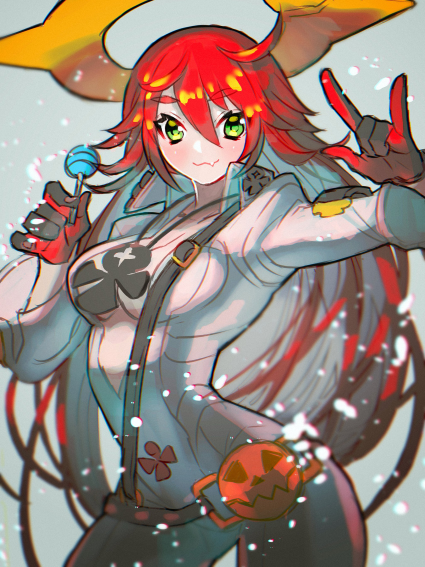 1girl absurdres bodysuit candy food gloves grey_hair guilty_gear guilty_gear_strive halo highres jack-o'_valentine jewelry lollipop necklace redhead solo yohane_shimizu