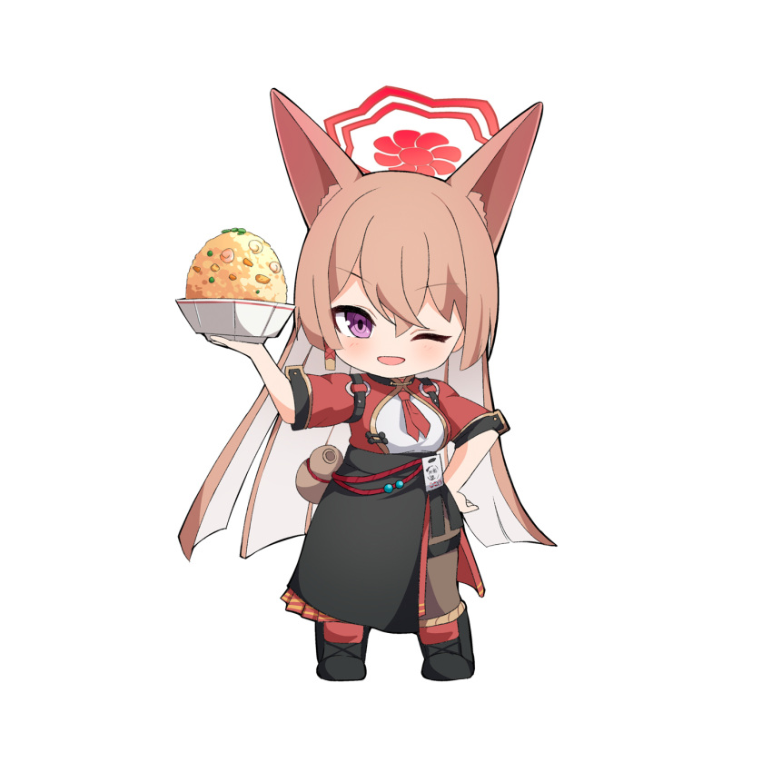 1girl ;d ame. animal_ear_fluff animal_ears apron black_apron black_footwear blue_archive boots bowl brown_hair brown_pants chibi commentary_request food fried_rice full_body hair_between_eyes halo hand_on_own_hip hand_up highres holding holding_bowl jacket long_hair looking_at_viewer necktie one_eye_closed pants red_jacket red_necktie rumi_(blue_archive) shirt short_necktie simple_background smile solo standing very_long_hair violet_eyes white_background white_shirt