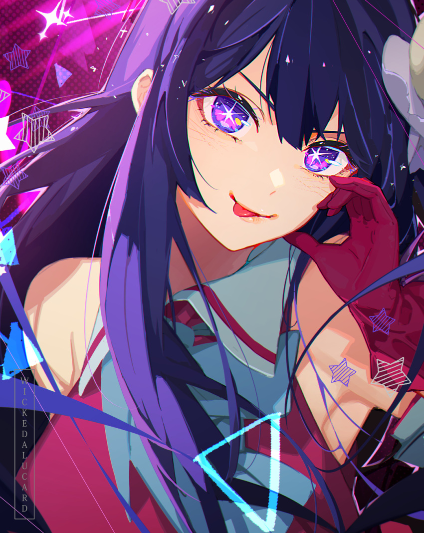 1girl artist_name ascot blue_ascot blush collared_dress commentary detached_sleeves dress gloves hair_between_eyes hair_ornament half-heart_hands highres hoshino_ai_(oshi_no_ko) ian_olympia idol idol_clothes long_hair looking_at_viewer multicolored_eyes oshi_no_ko pink_dress pink_eyes pink_gloves purple_hair sidelocks sleeveless sleeveless_dress smile solo star-shaped_pupils star_(symbol) symbol-shaped_pupils tongue tongue_out upper_body violet_eyes