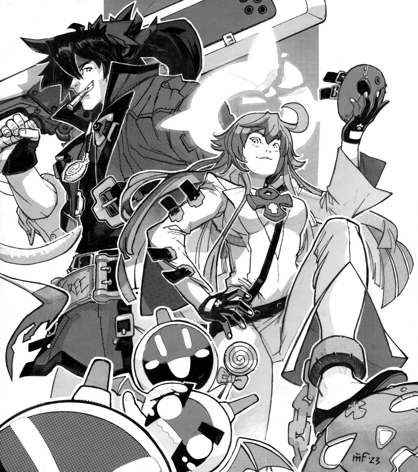 abs absurdres ahoge artist_request breasts candy couple food gloves guilty_gear guilty_gear_strive halo highres husband_and_wife jack-o'_valentine redhead sol_badguy