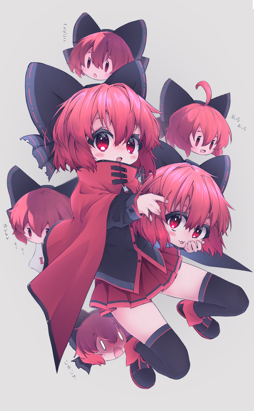 1girl absurdres ahoge black_bow black_footwear black_shirt black_thighhighs blush bow cape grey_background hair_between_eyes hair_bow highres long_sleeves mouth_hold mr.turtle_head open_mouth panties pleated_skirt red_cape red_eyes red_skirt redhead sekibanki shirt shoes short_hair simple_background skirt solo thigh-highs touhou underwear white_panties