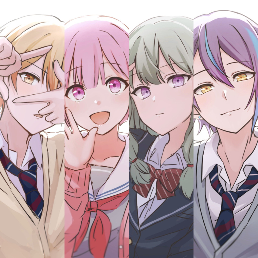 2boys 2girls aqua_hair blazer blonde_hair blunt_bangs bow bowtie cardigan closed_mouth collared_shirt green_eyes grey_cardigan hair_between_eyes highres jacket kamishiro_rui kamiyama_high_school_uniform_(project_sekai) kusanagi_nene long_hair looking_at_viewer low_tied_sidelocks miyamasuzaka_girls'_academy_school_uniform multiple_boys multiple_girls neckerchief necktie ootori_emu open_mouth orange_eyes orange_hair pink_cardigan pink_eyes pink_hair project_sekai purple_hair red_neckerchief sailor_collar school_uniform shiki_12340 shirt short_hair striped striped_bow striped_bowtie striped_necktie tenma_tsukasa violet_eyes white_shirt wonderlands_x_showtime_(project_sekai) yellow_cardigan yellow_eyes